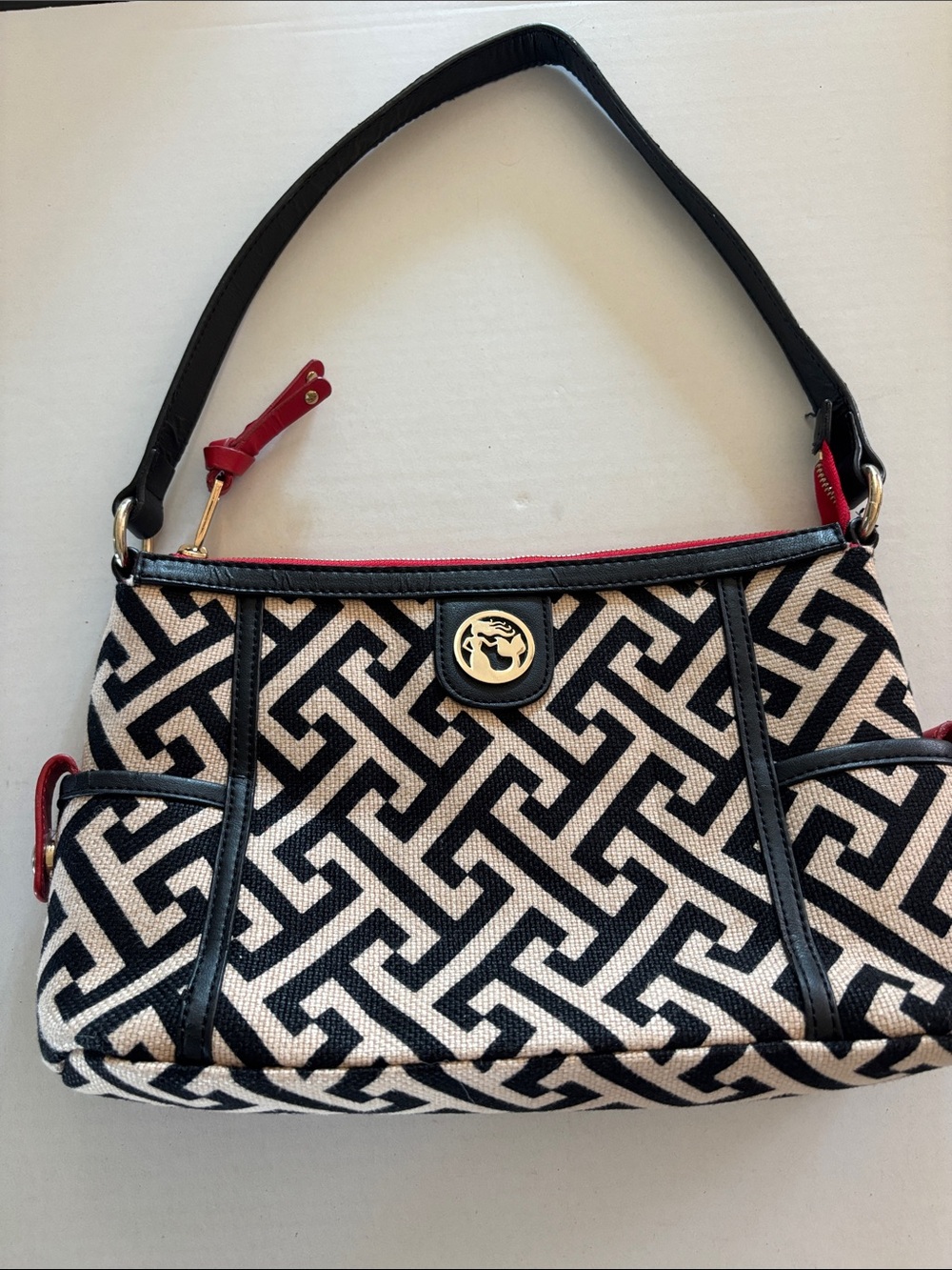Spartina 449 Black and Cream Geometric Shoulder Bag with Red Trim